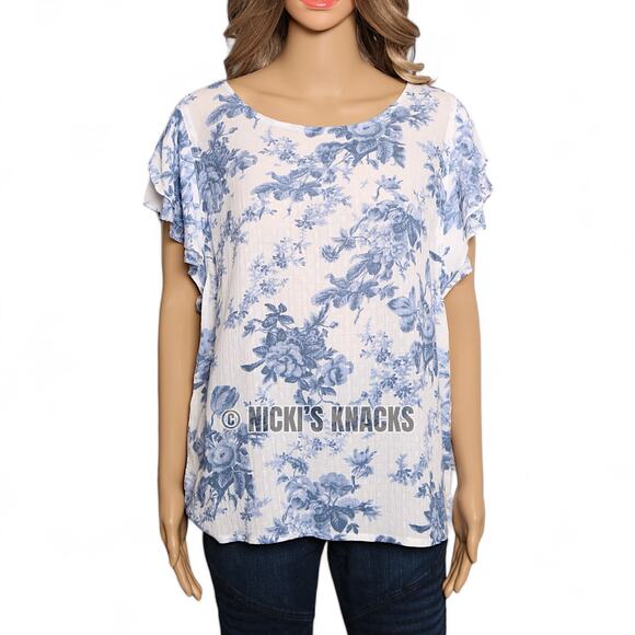 Cupcakes & Cashmere Blue Floral Flutter Sleeve Blouse Cottagecore Top Size M - Picture 2 of 11